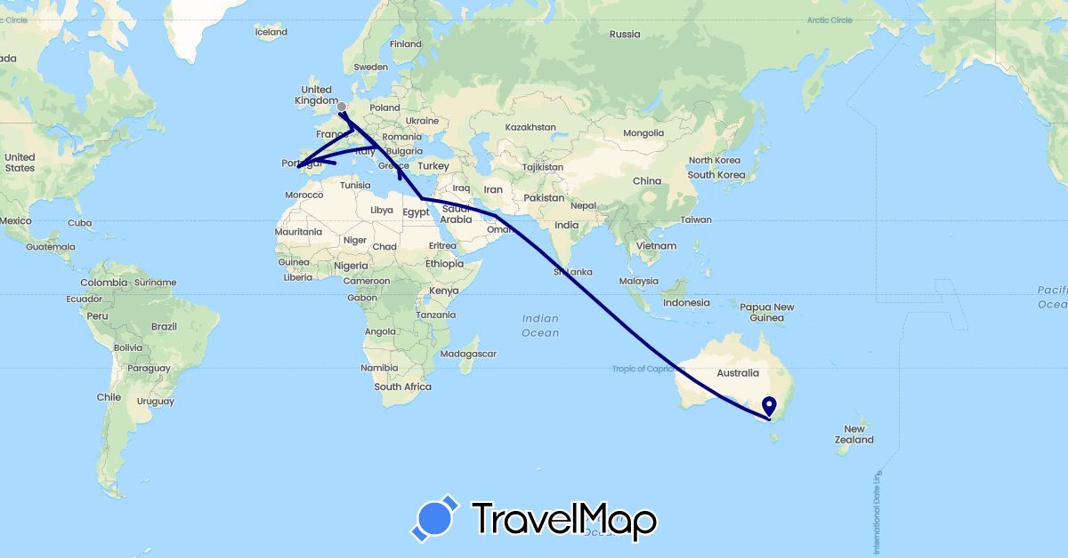 TravelMap itinerary: driving, plane in United Arab Emirates, Australia, Belgium, Switzerland, Egypt, Spain, Greece, Croatia, Netherlands, Portugal (Africa, Asia, Europe, Oceania)